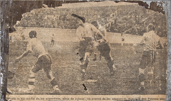 1930 First Soccer World Cup Offset Printing Tin Plate of Nasazzi and Monti Disputing the Ball (Letter of Provenance)